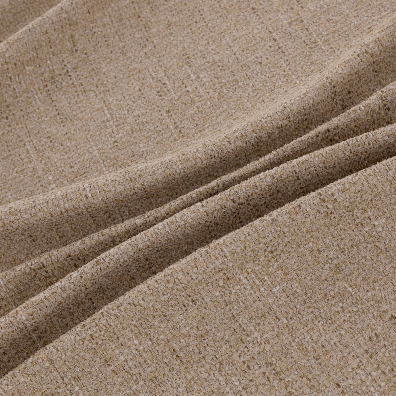 Warm oat-beige textile with a softly flecked woven texture shown in folded close-up
