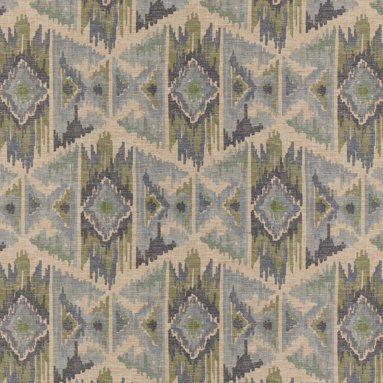 Muted indigo, sage and cream geometric ikat-style woven textile close-up