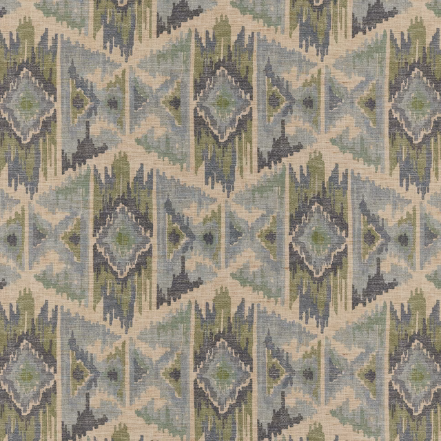 Muted indigo, sage and cream geometric ikat-style woven textile close-up