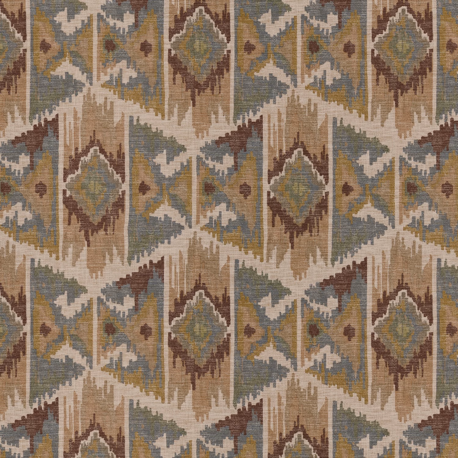 Muted taupe tapestry with sage, blue and rust geometric diamonds in a textured weave