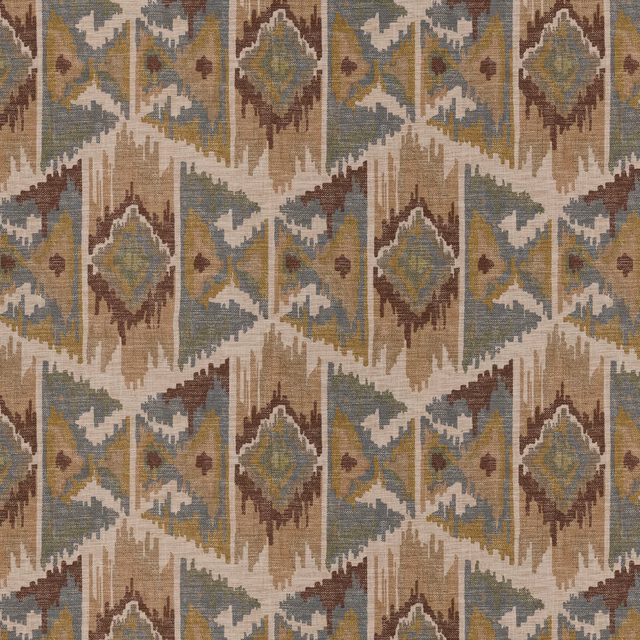 Muted taupe tapestry with sage, blue and rust geometric diamonds in a textured weave