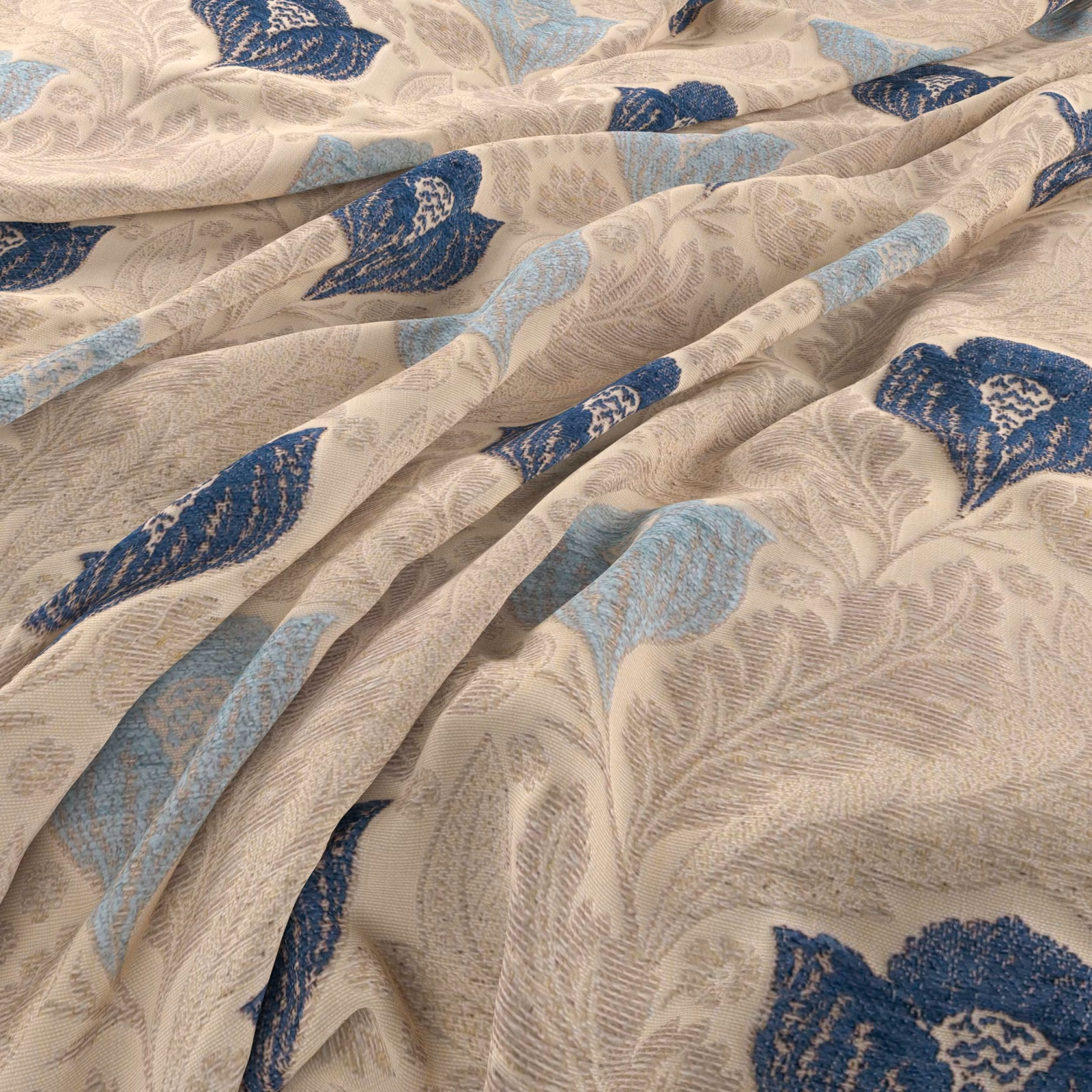 Warm cream woven fabric with taupe foliage and navy-blue botanical motifs