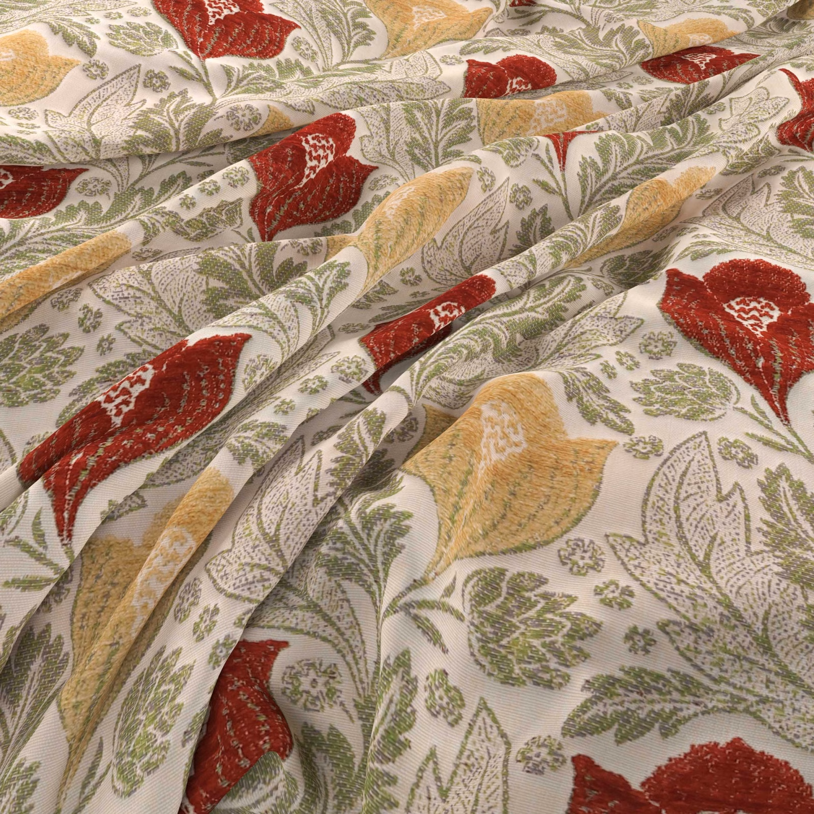 Cream botanical fabric with olive foliage, ochre leaves and deep red flowers