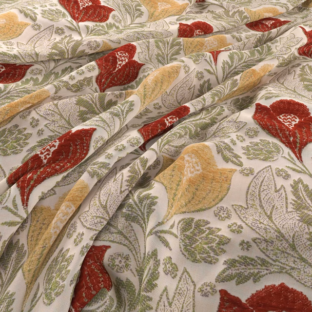 Cream botanical fabric with olive foliage, ochre leaves and deep red flowers