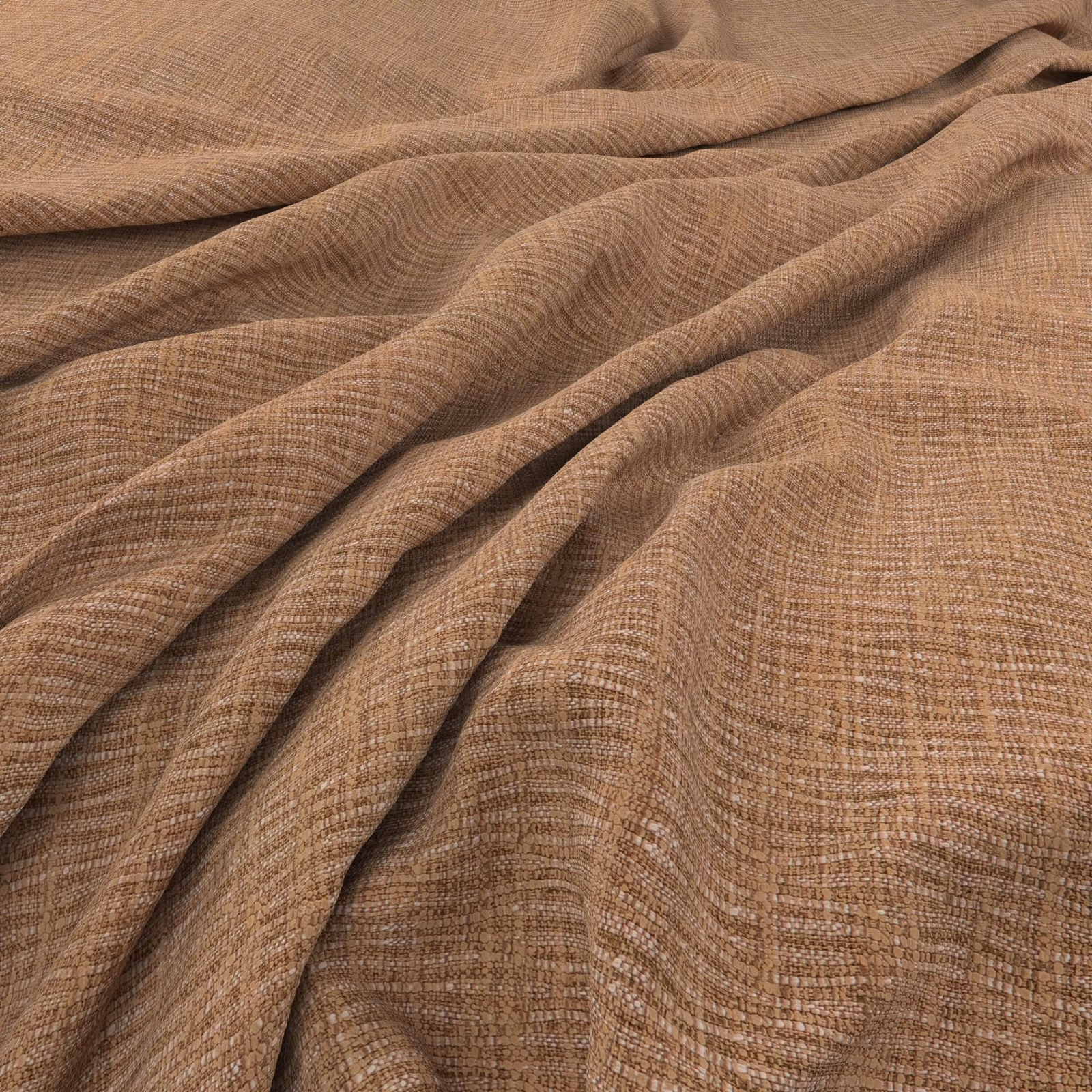 Warm kiln-brown woven fabric with fine crosshatch texture in soft flowing folds