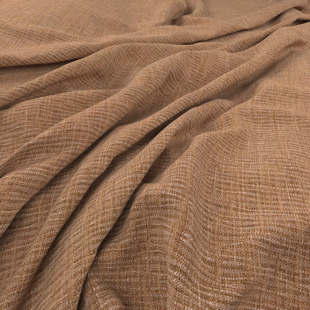 Warm kiln-brown woven fabric with fine crosshatch texture in soft flowing folds