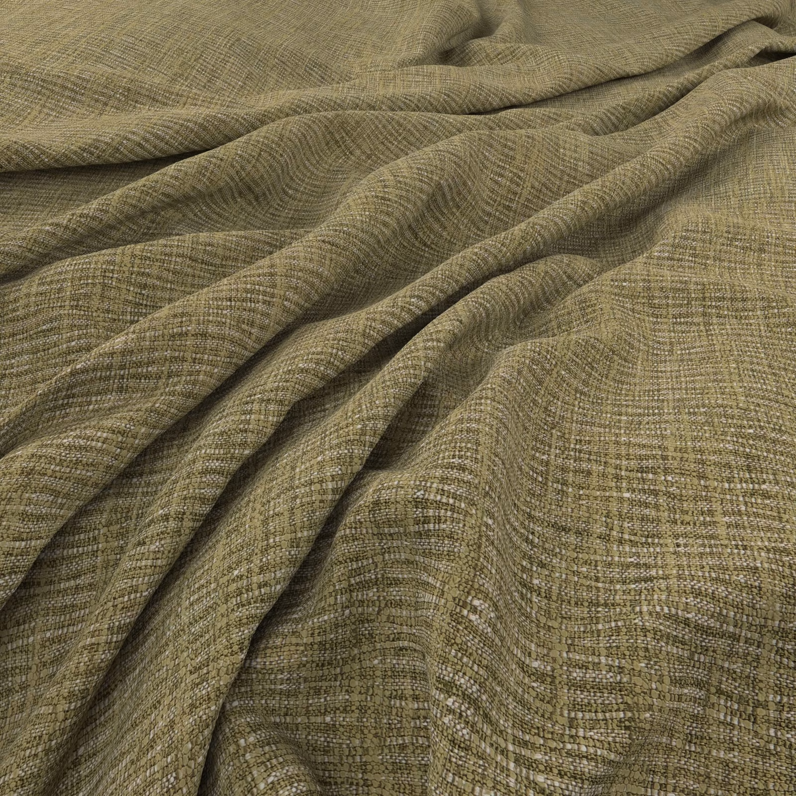 Muted olive lichen fabric showing fine crosshatch weave and rippling folds
