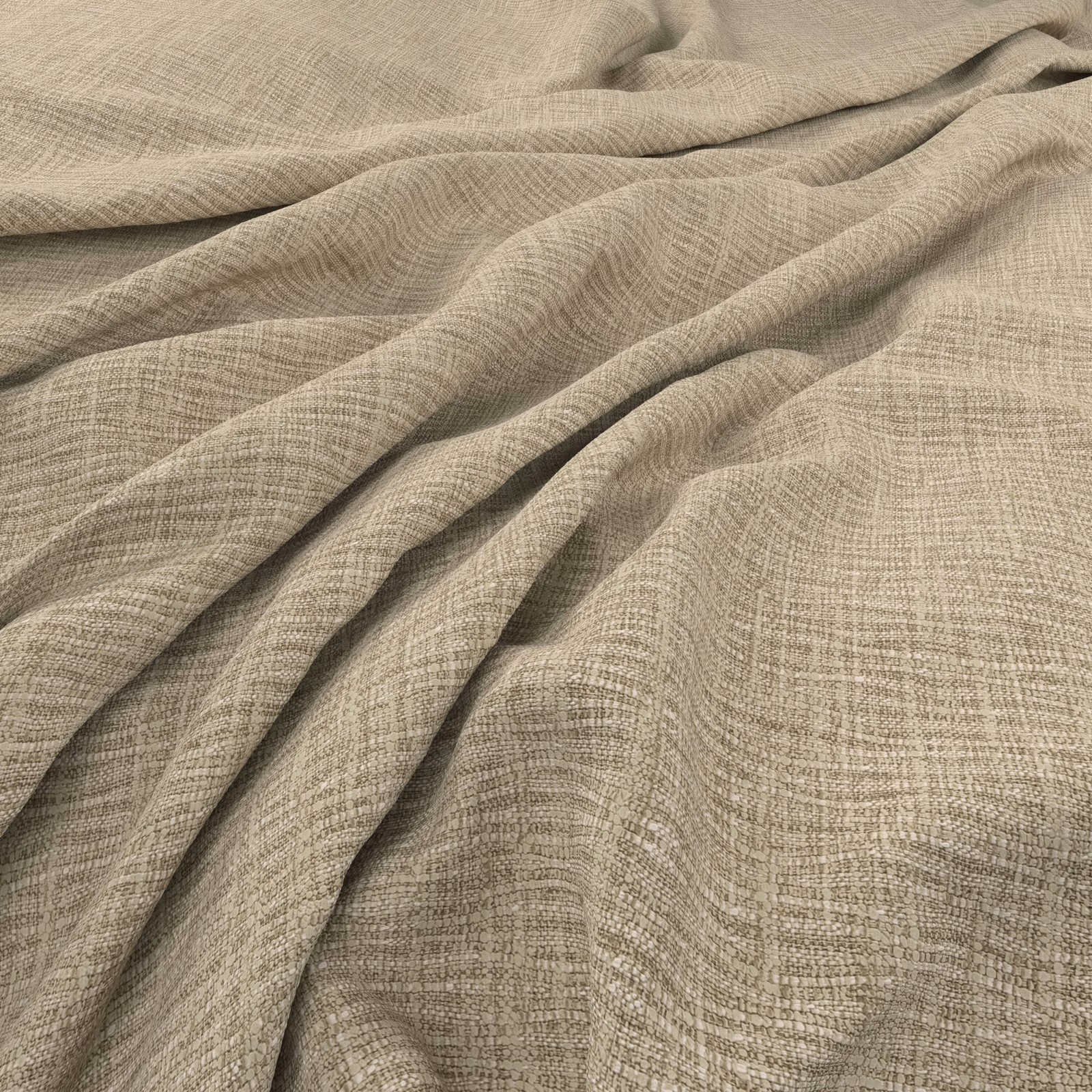 Warm stone taupe fabric with fine crosshatch weave gathered into soft folds