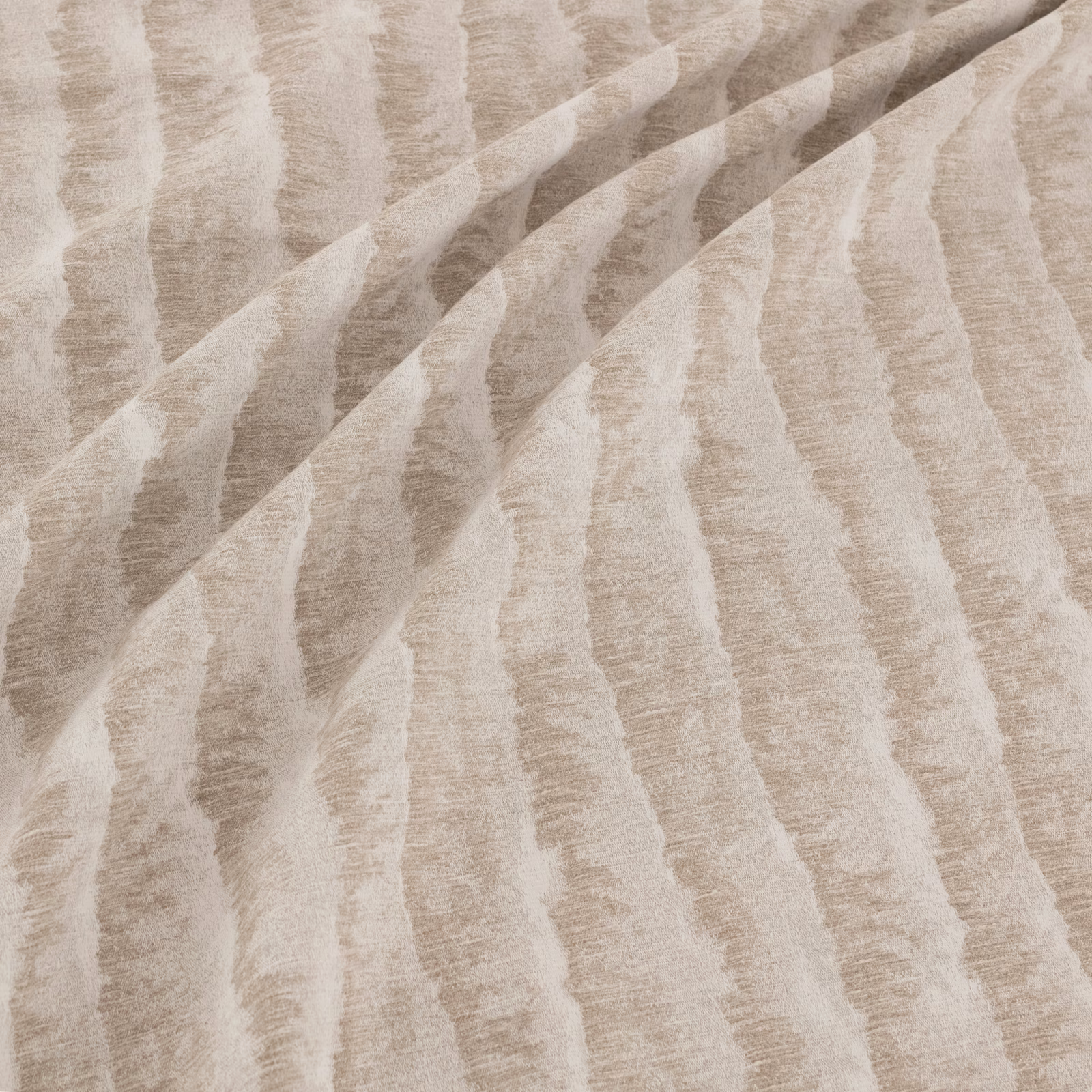 Greige fabric with irregular vertical bands and softly textured woven surface