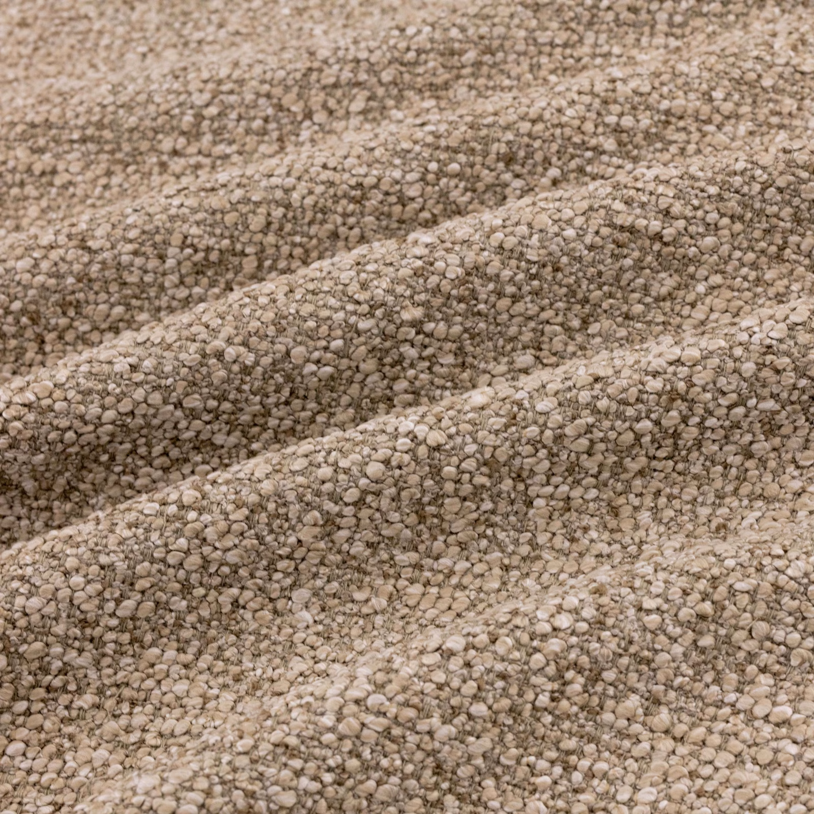 Warm taupe Atlas Hessian showing chunky irregular loops and softly heaped folds