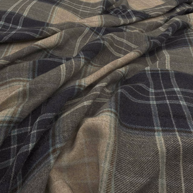 Deep denim and charcoal plaid fabric with taupe bands and softly curved lines