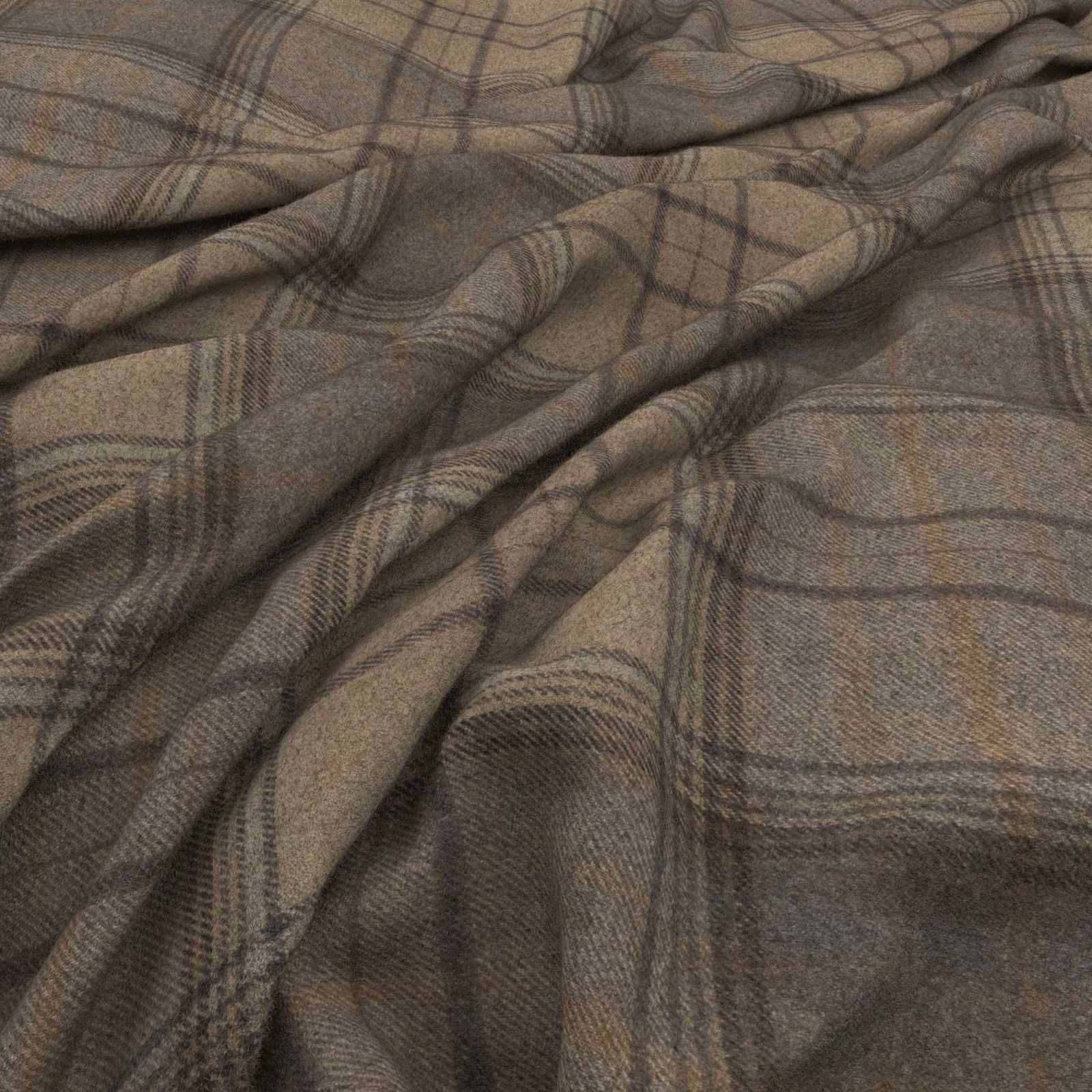 Warm taupe-grey plaid fabric with charcoal lines and softly textured folds