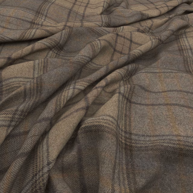 Warm taupe-grey plaid fabric with charcoal lines and softly textured folds