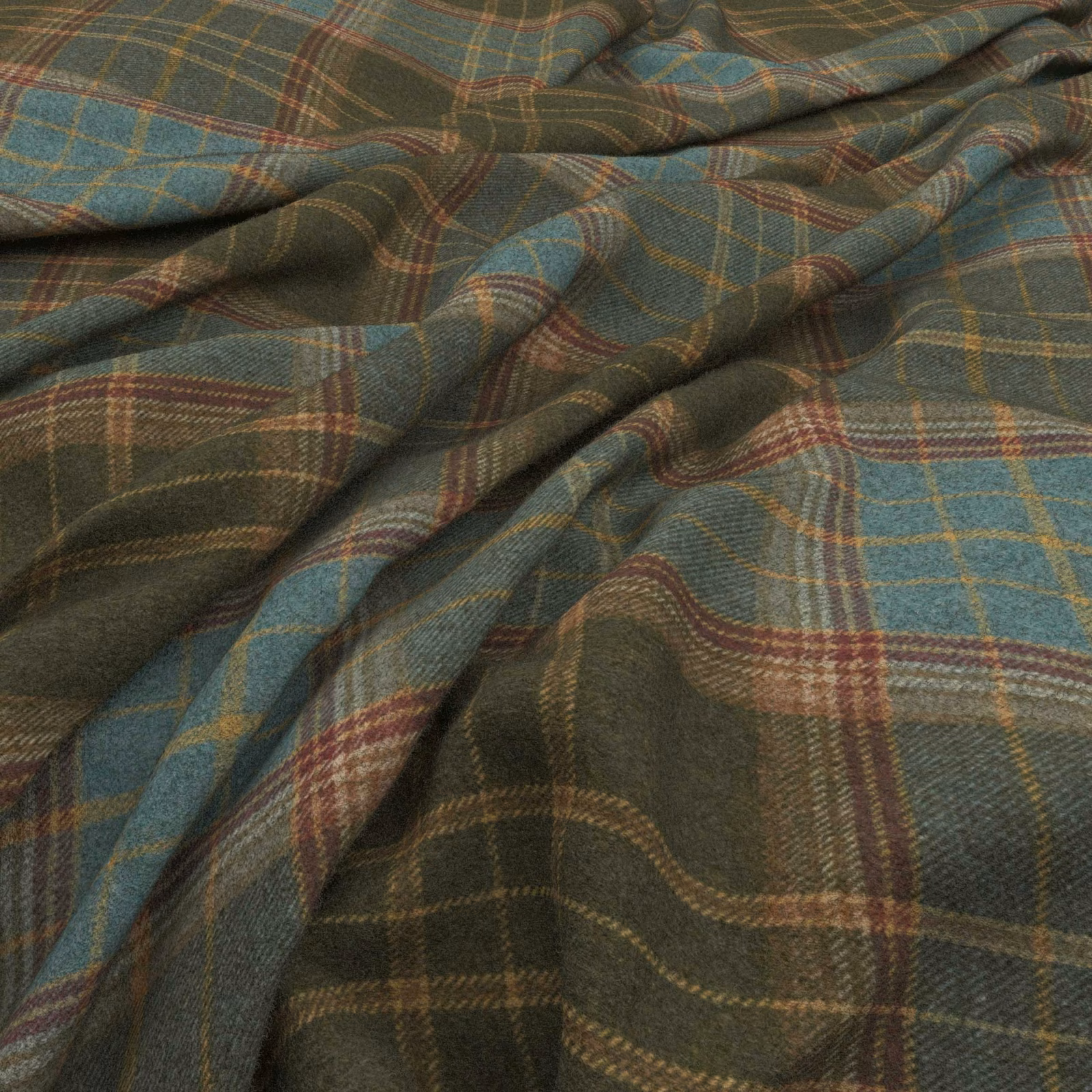 Muted jade-teal plaid upholstery fabric with olive, mustard and burgundy woven lines