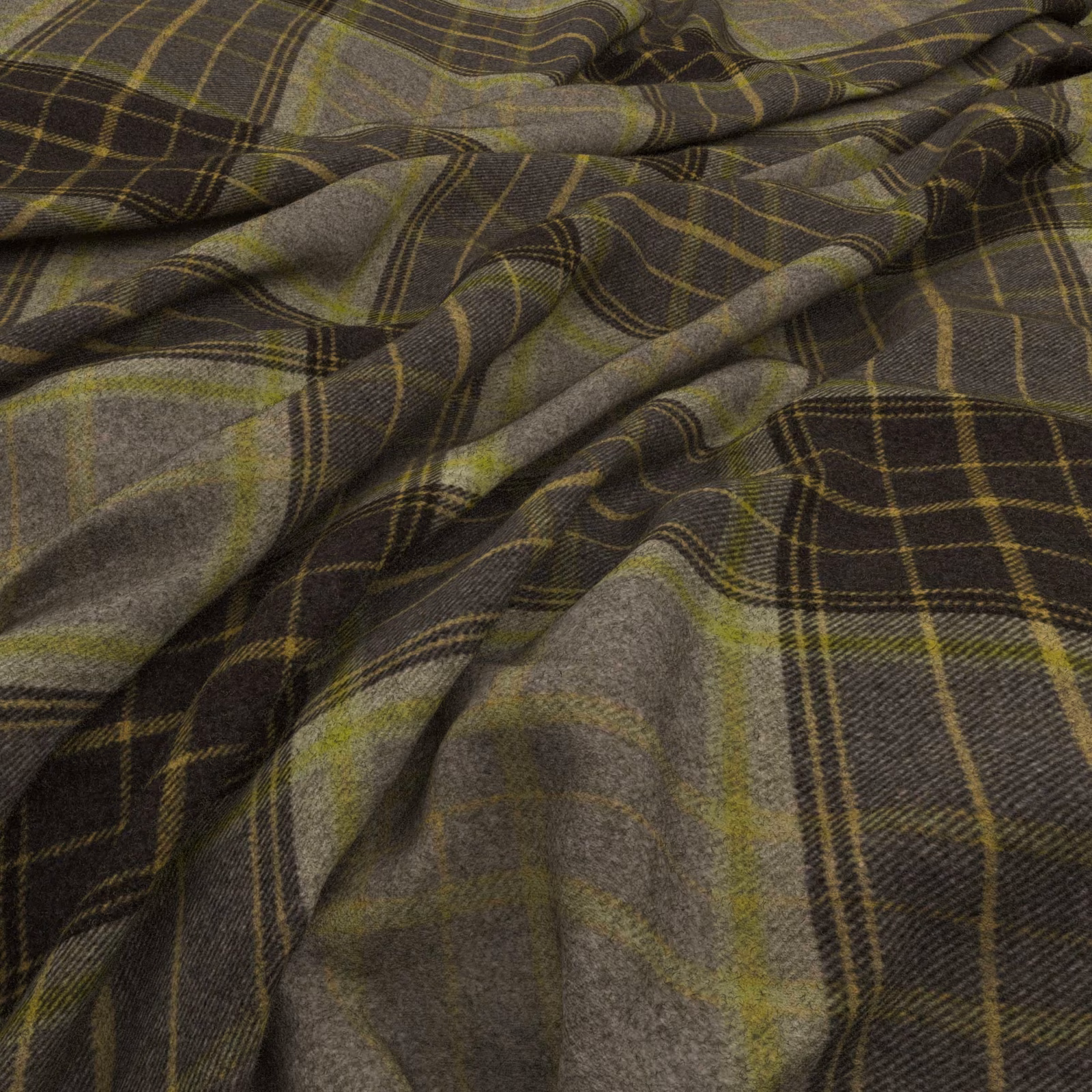 Charcoal olive plaid fabric with lime lines and a softly textured woven surface
