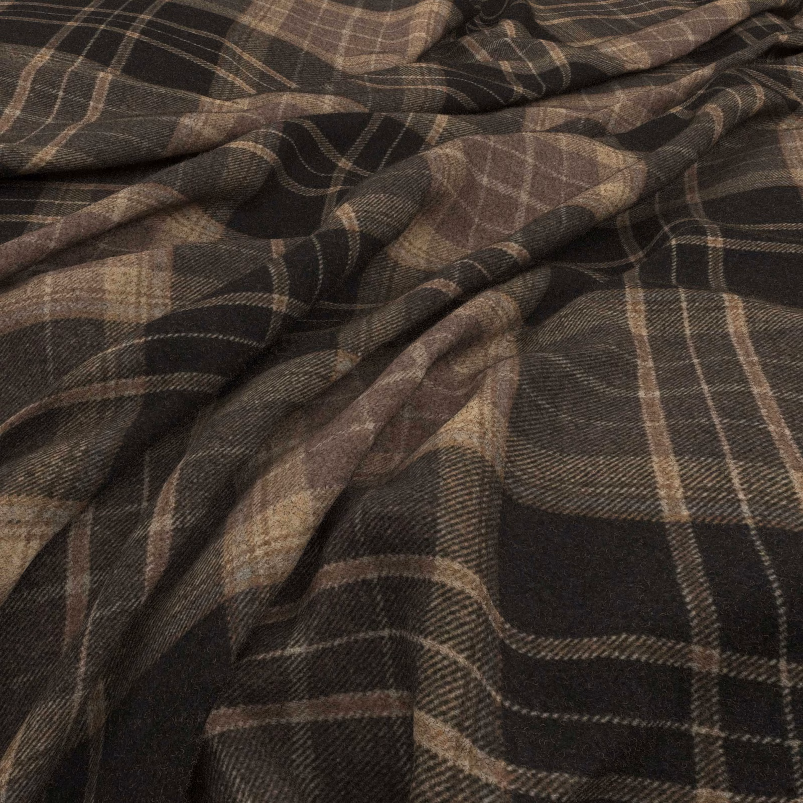 Dark charcoal-brown plaid with muted taupe lines and a softly textured woven surface