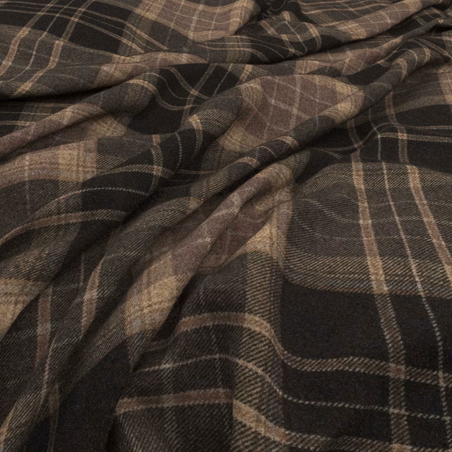 Dark charcoal-brown plaid with muted taupe lines and a softly textured woven surface