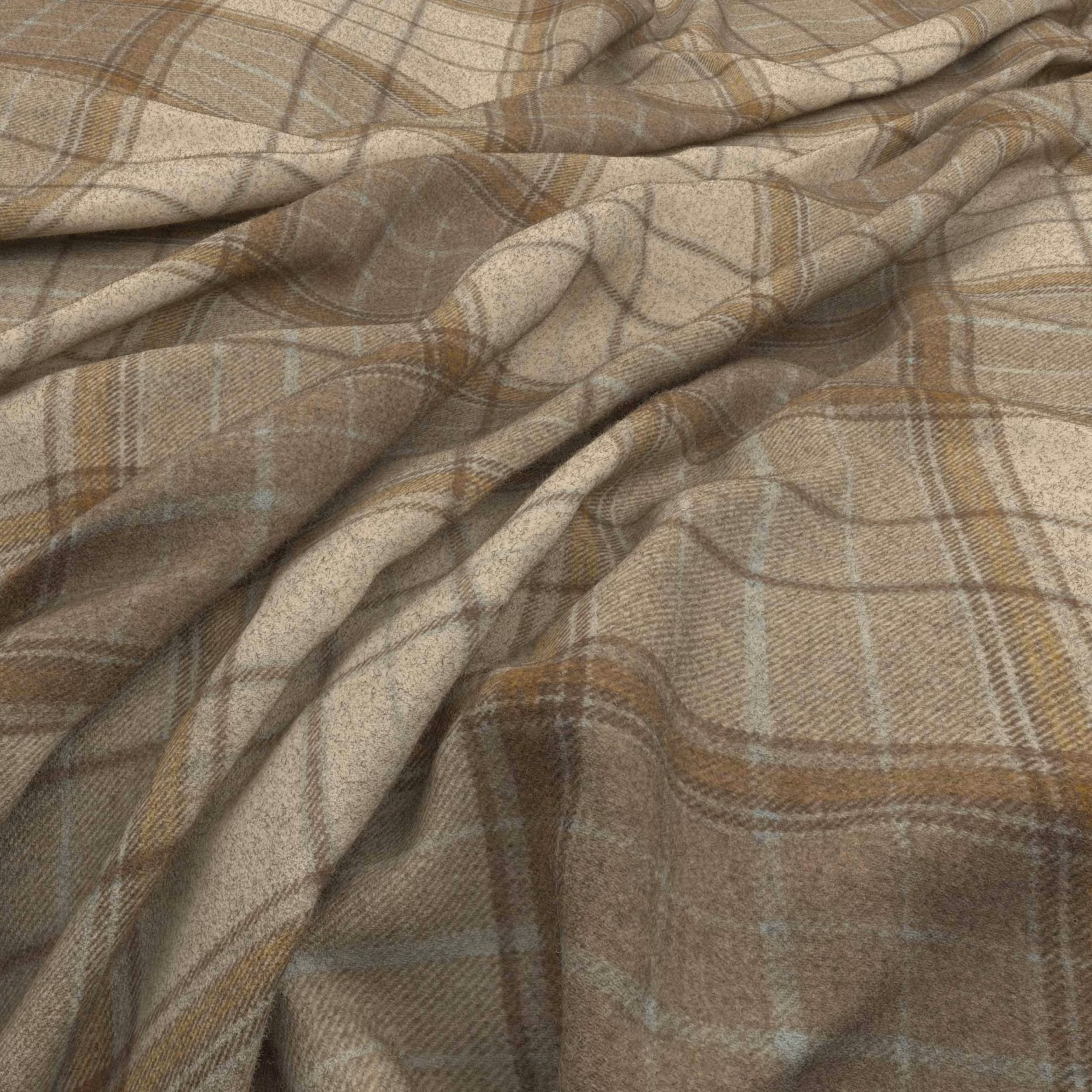 Warm natural plaid fabric with taupe-brown checks and faint blue-grey lines