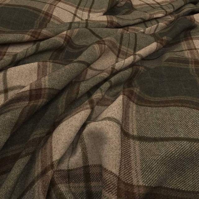 Muted olive plaid with stone checks, brown lines and a softly ridged weave