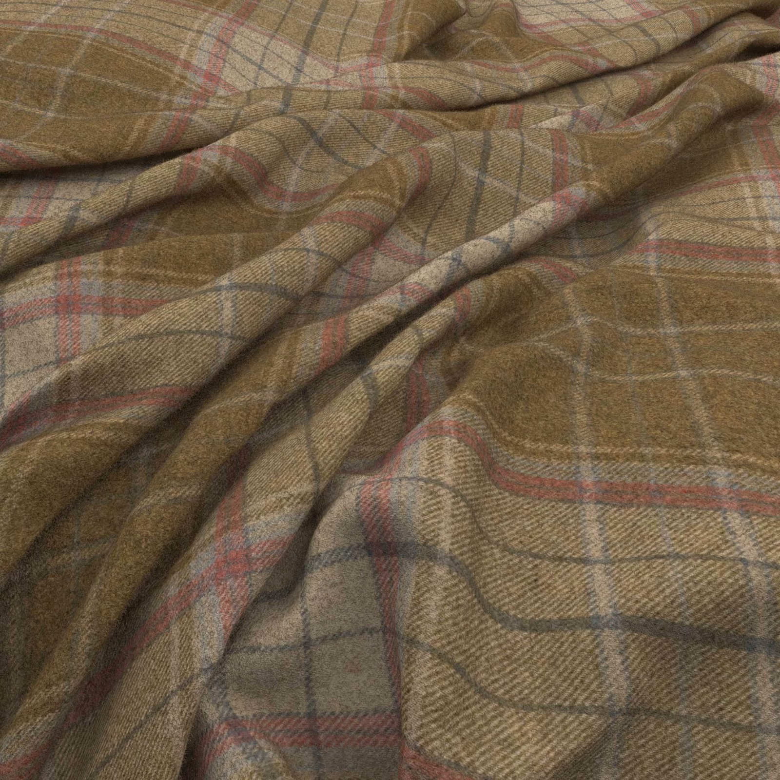 Muted brown taupe plaid with blush red and charcoal lines in a folded woven textile