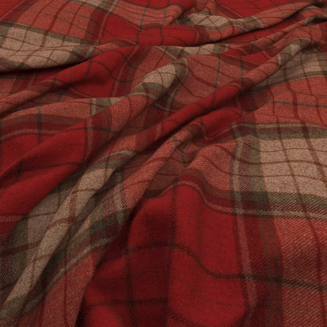 Deep red and taupe tartan weave with muted green lines across folded cloth