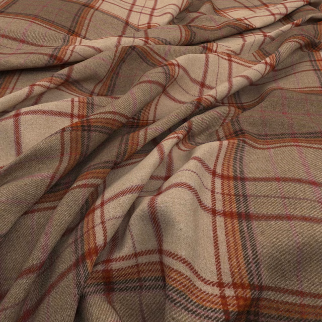Warm taupe woven plaid with muted burgundy, rust, olive and charcoal lines