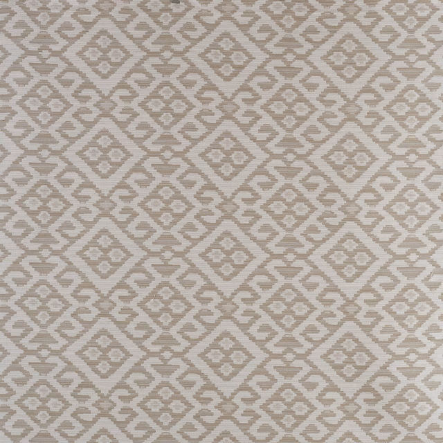 Natural beige and taupe woven fabric with repeating stepped diamond motifs