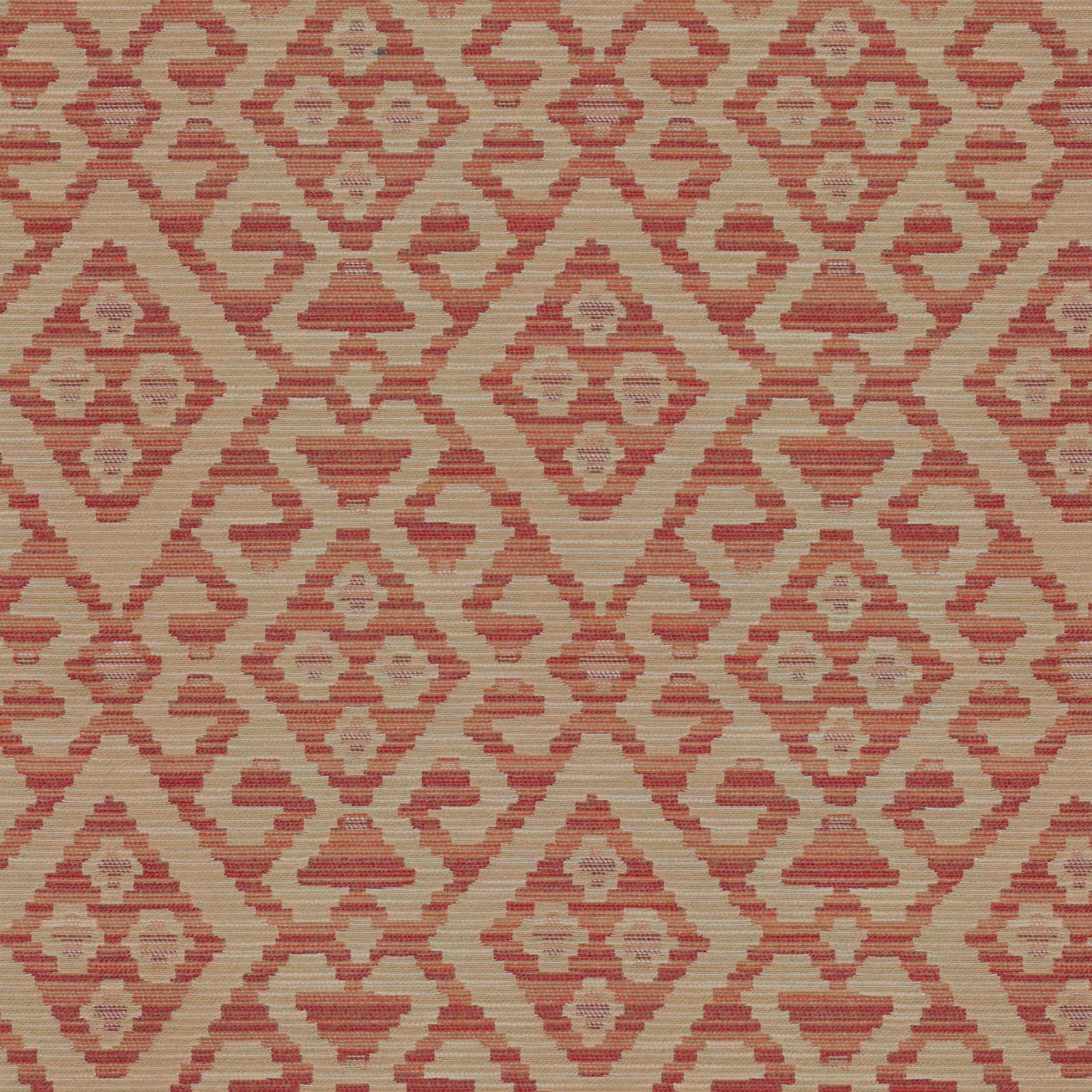 Warm beige woven swatch with muted rust-red diamonds and stepped geometric motifs