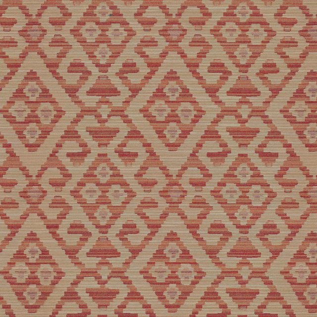Warm beige woven swatch with muted rust-red diamonds and stepped geometric motifs