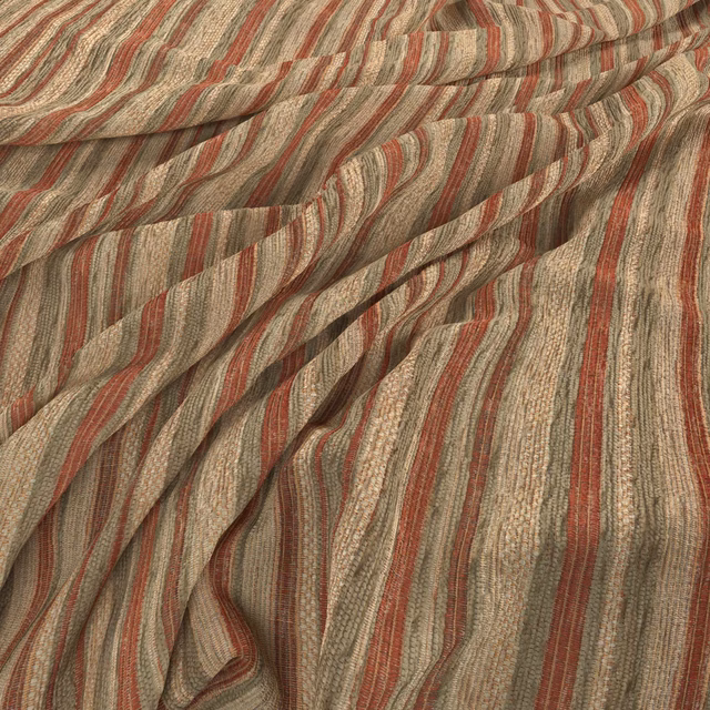 Olive, taupe and terracotta wavy striped fabric with a raised tapestry weave