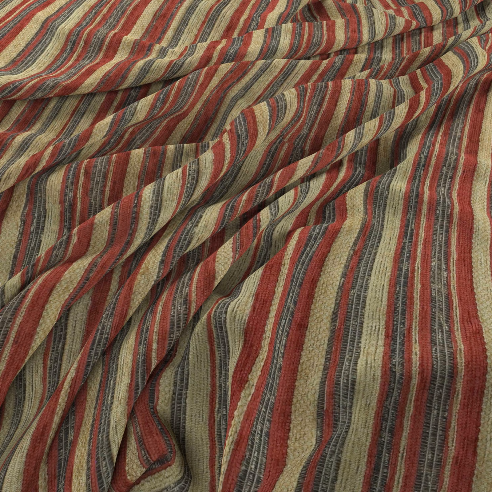 Rust-red, olive and charcoal irregular stripes across a ridged woven textile