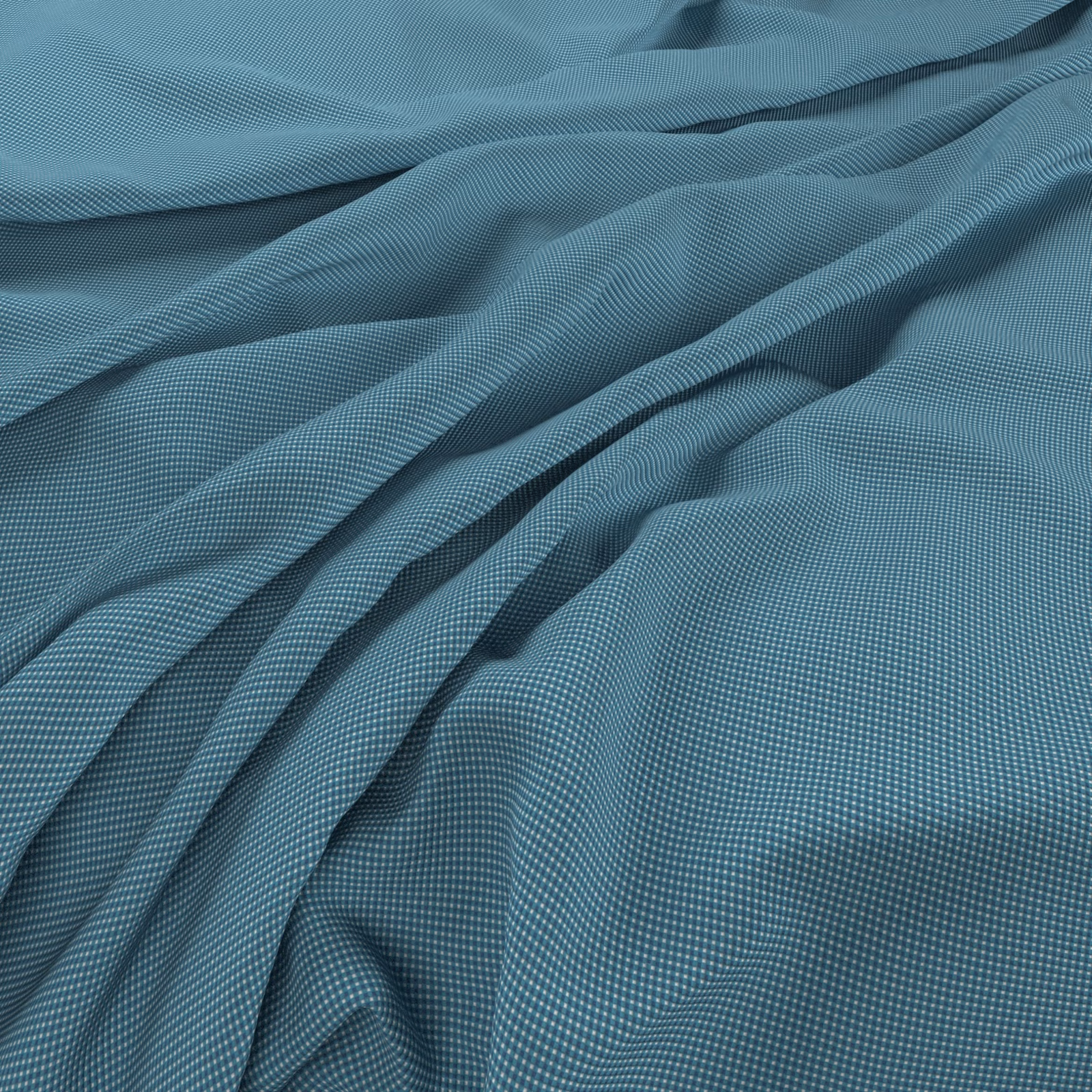 Cool blue-teal fabric with fine micro-check texture arranged in softly gathered folds