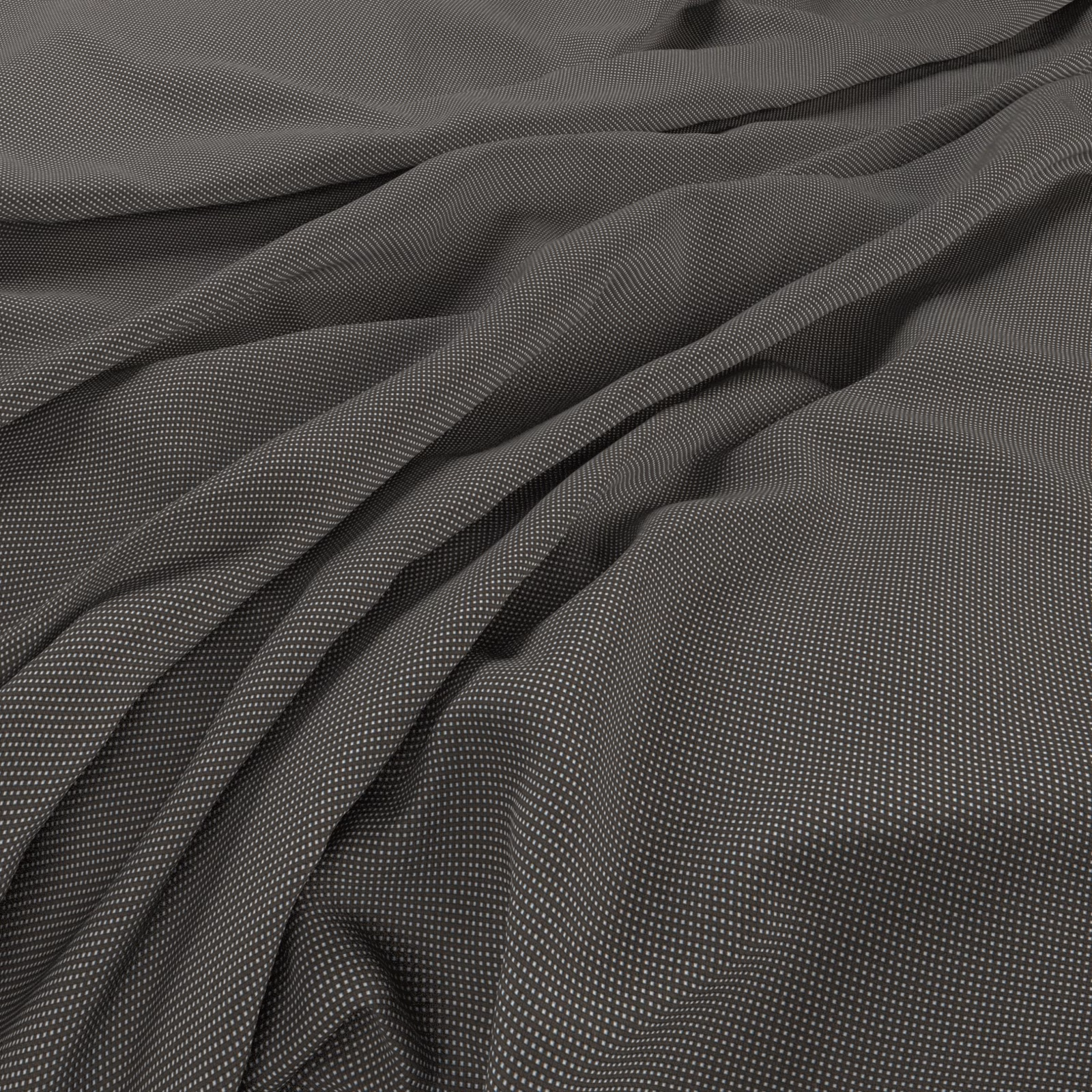 Deep charcoal grey micro-patterned fabric gathered into soft, fluid folds