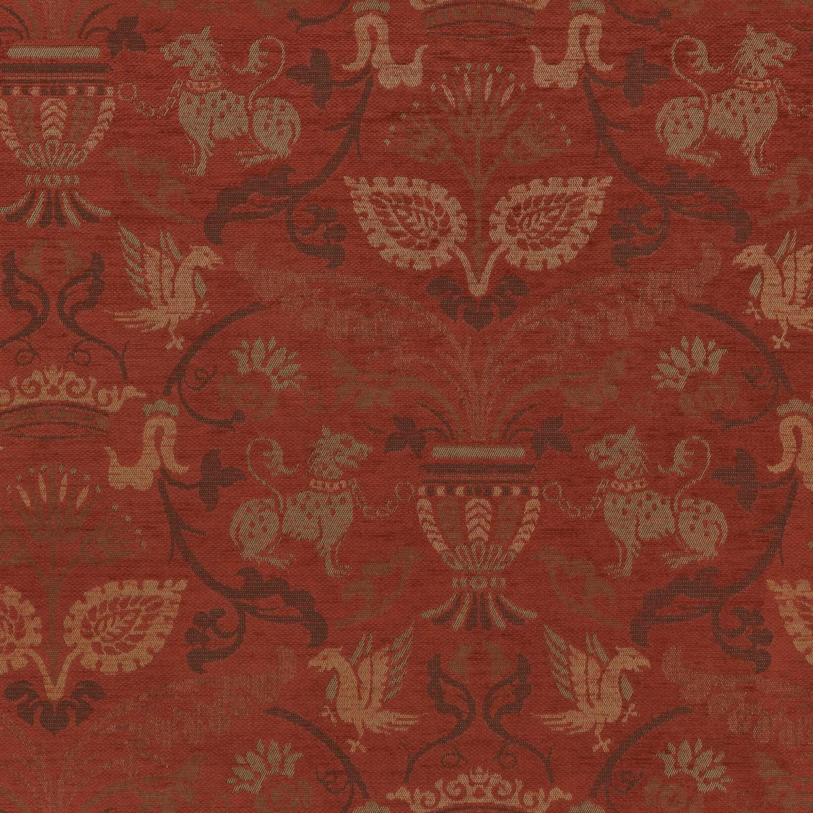 Muted brick-red woven damask with antique-gold urns, paisley and scrolling foliage