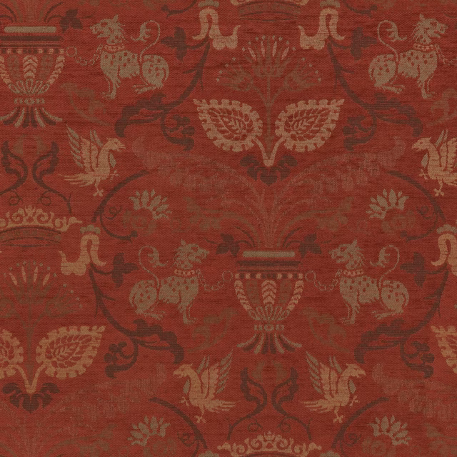 Muted brick-red woven damask with antique-gold urns, paisley and scrolling foliage