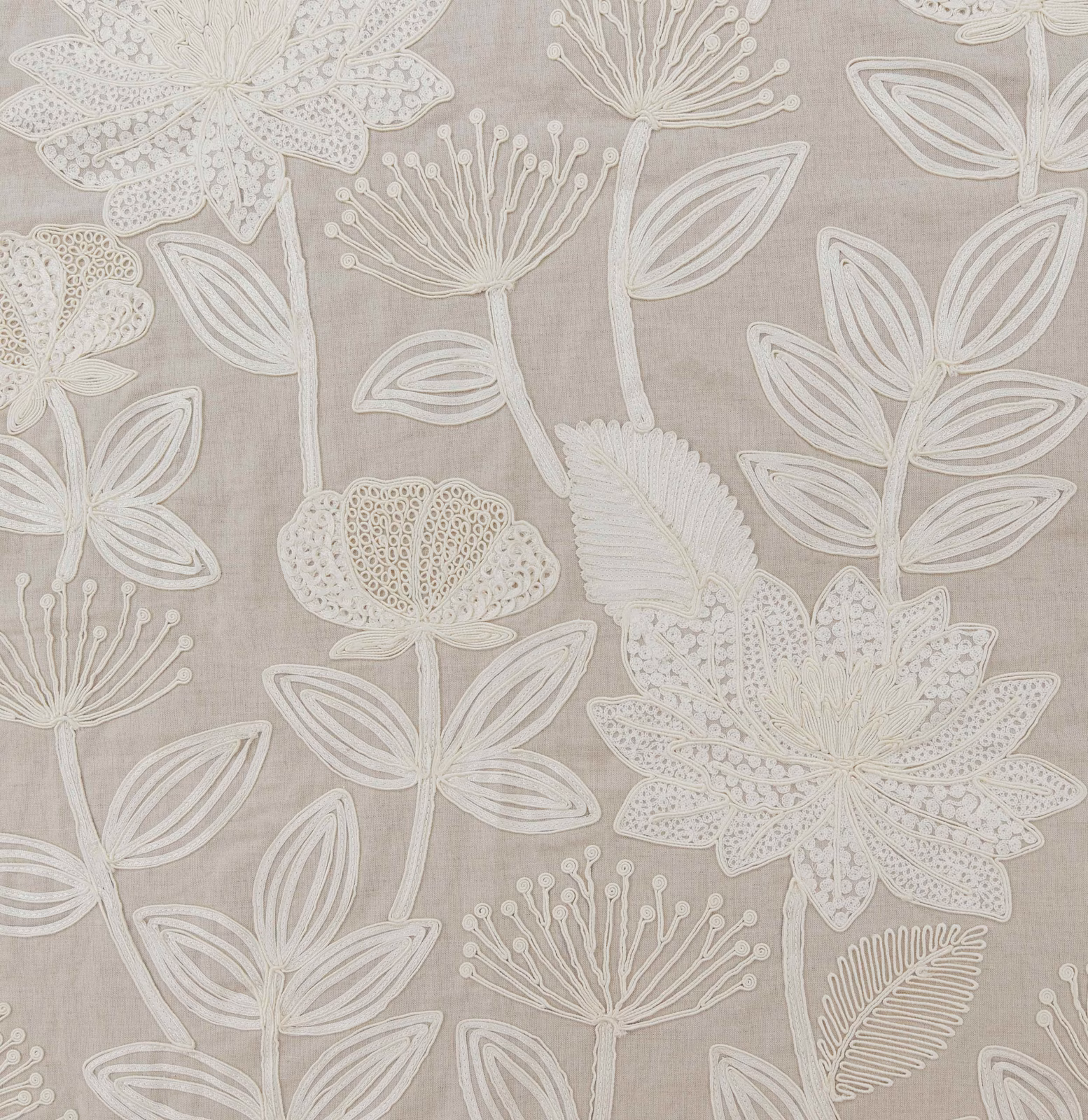 Warm taupe fabric with large ivory flowers, leaves and delicate botanical seed heads