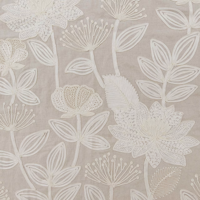 Warm taupe fabric with large ivory flowers, leaves and delicate botanical seed heads