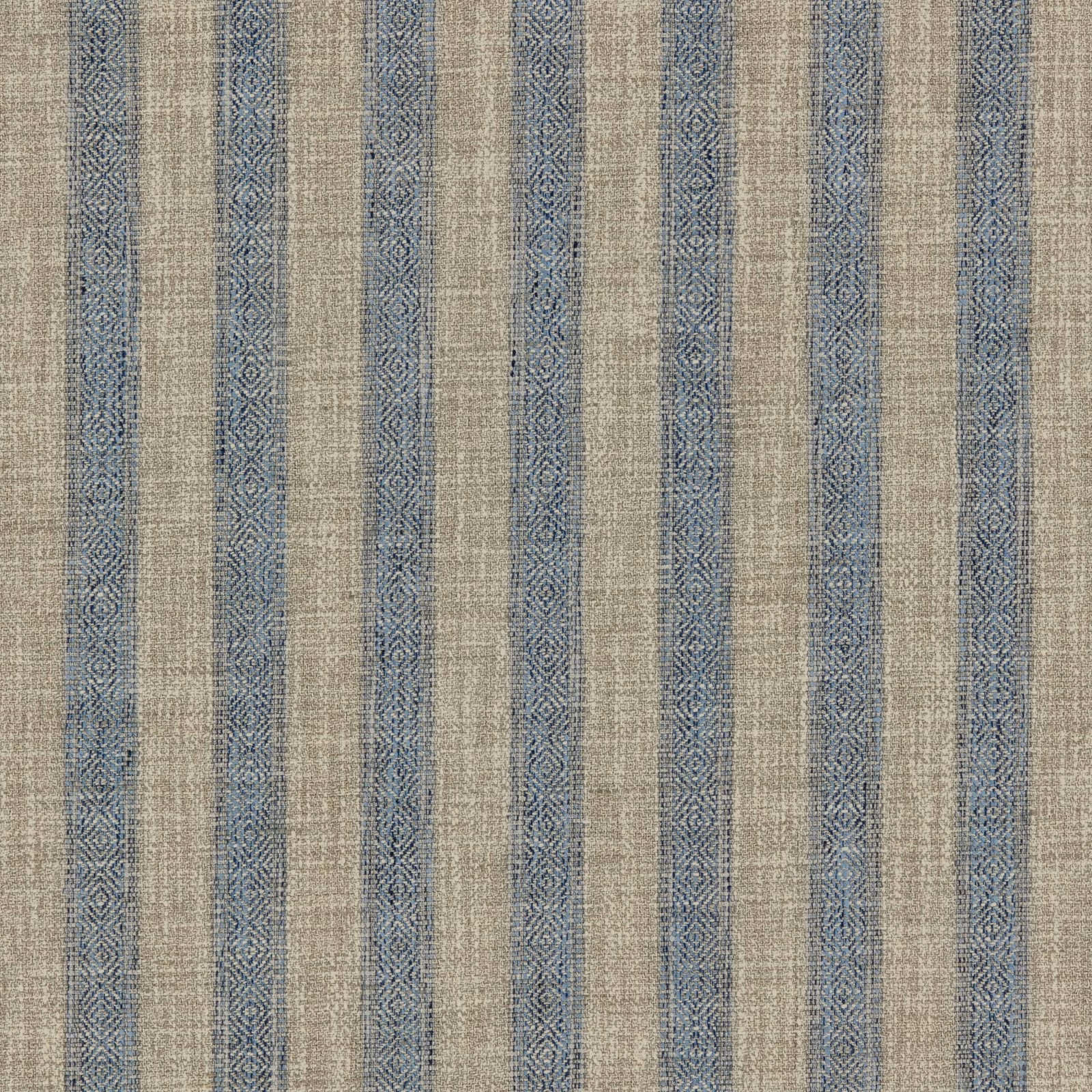 Taupe and muted blue-grey striped fabric with fine woven diamond motifs