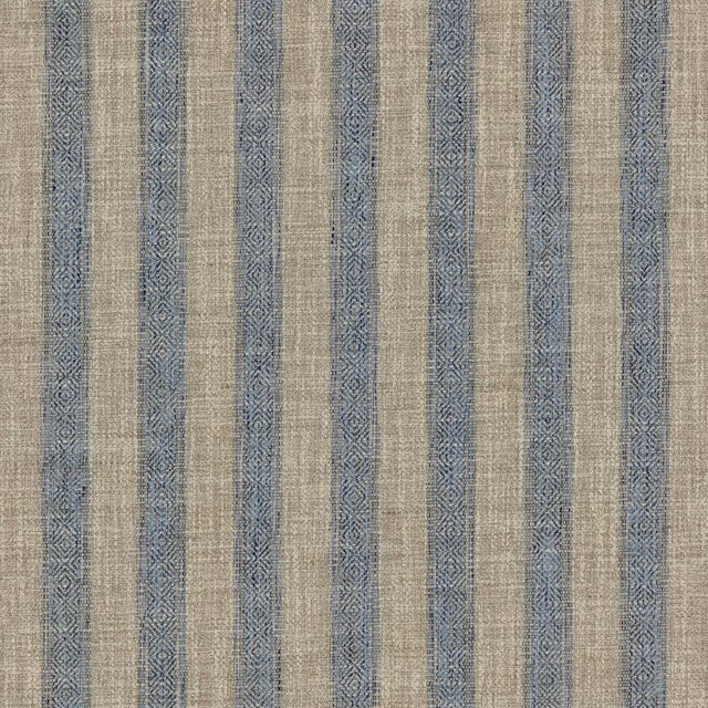 Taupe and muted blue-grey striped fabric with fine woven diamond motifs