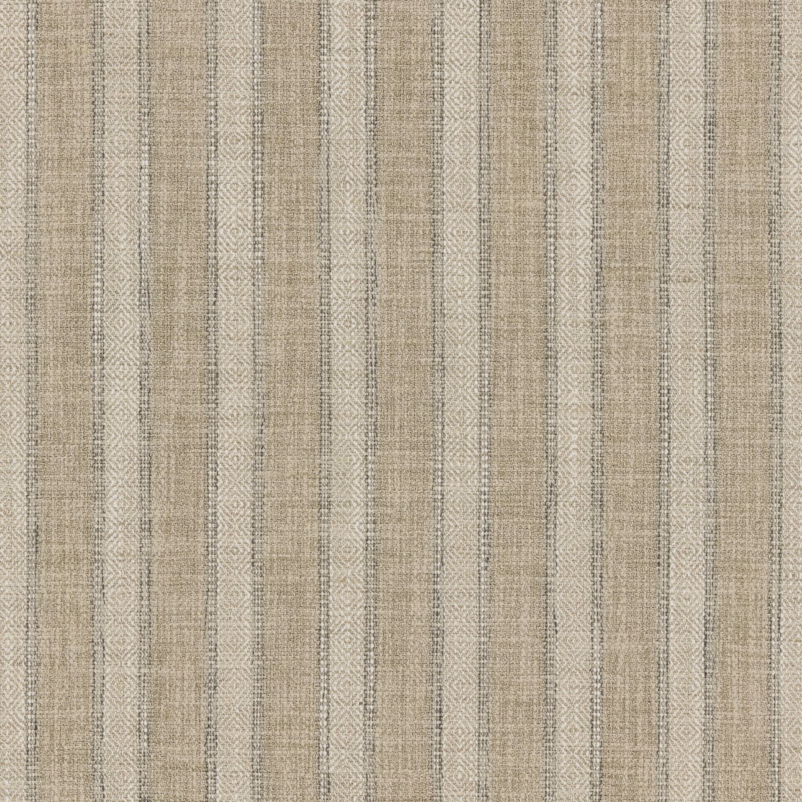 Warm beige woven fabric with fine vertical grey and taupe stripes