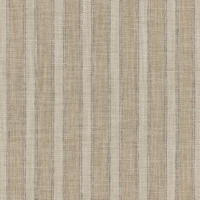 Warm beige woven fabric with fine vertical grey and taupe stripes