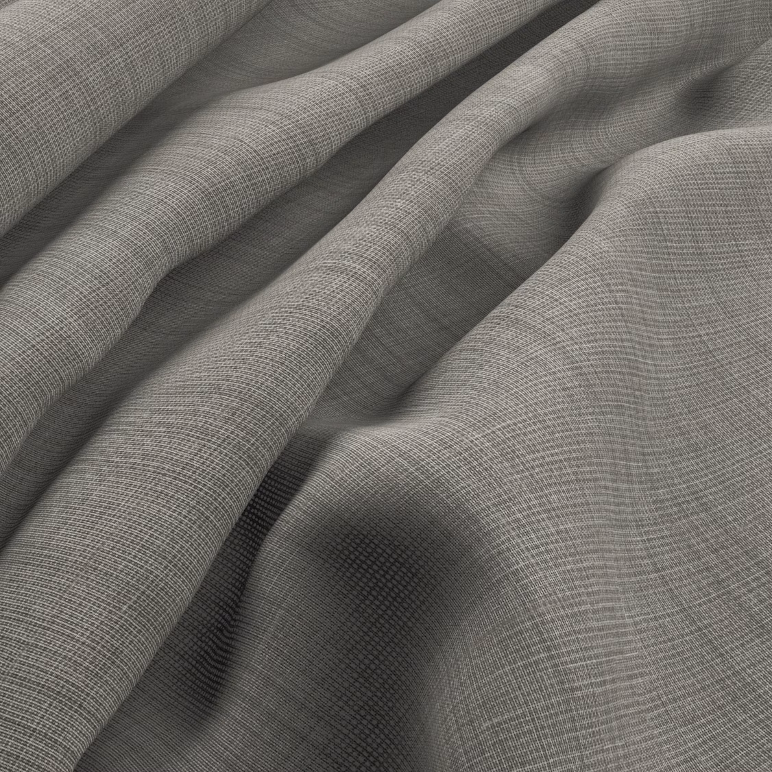 Soft grey-beige crosshatch fabric shown in close-up, draped into textured folds
