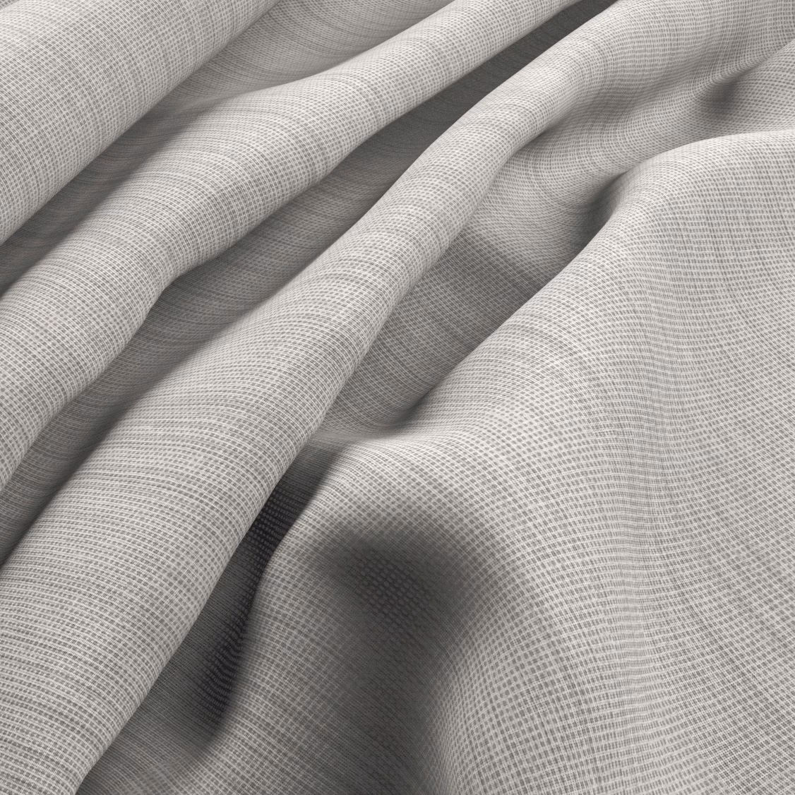 Cool snow-white fabric with a fine grey crosshatch weave in softly folded drapery
