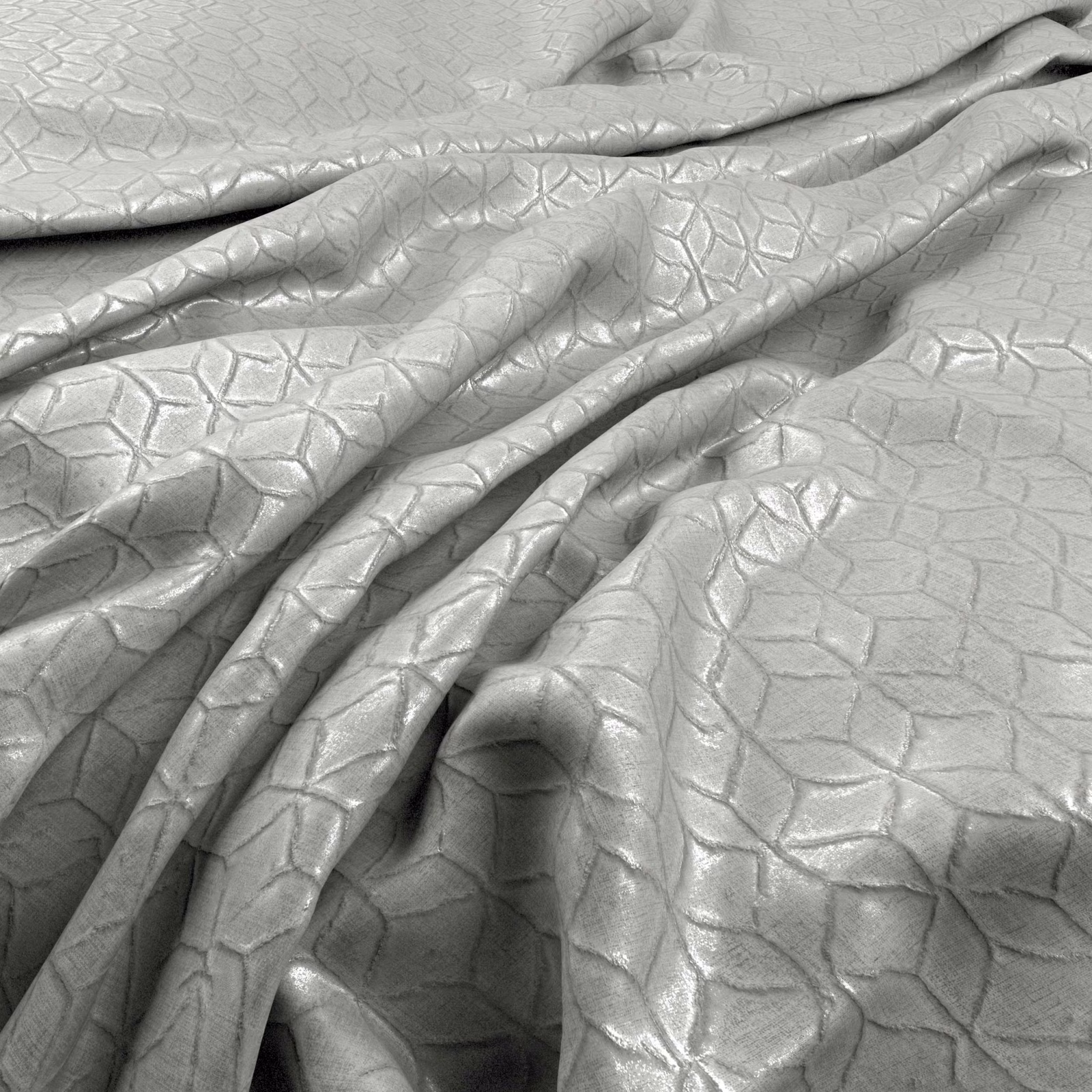 Pale silver-grey fabric with raised irregular geometric cells and a softly reflective folded surface