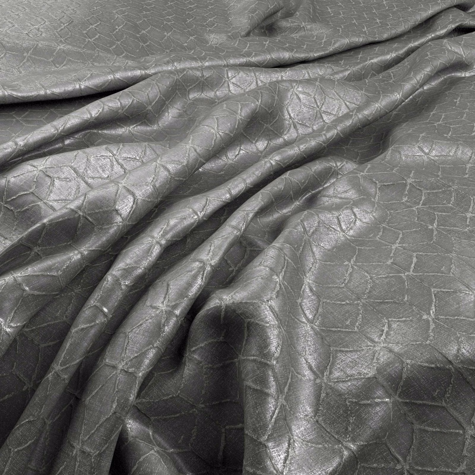 Cool pewter-grey fabric with an embossed irregular cracked pattern and soft sheen