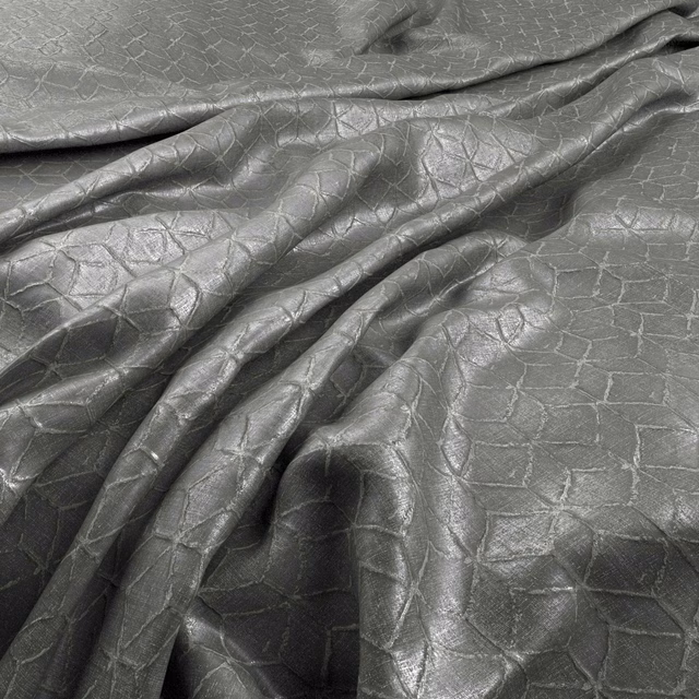 Cool pewter-grey fabric with an embossed irregular cracked pattern and soft sheen