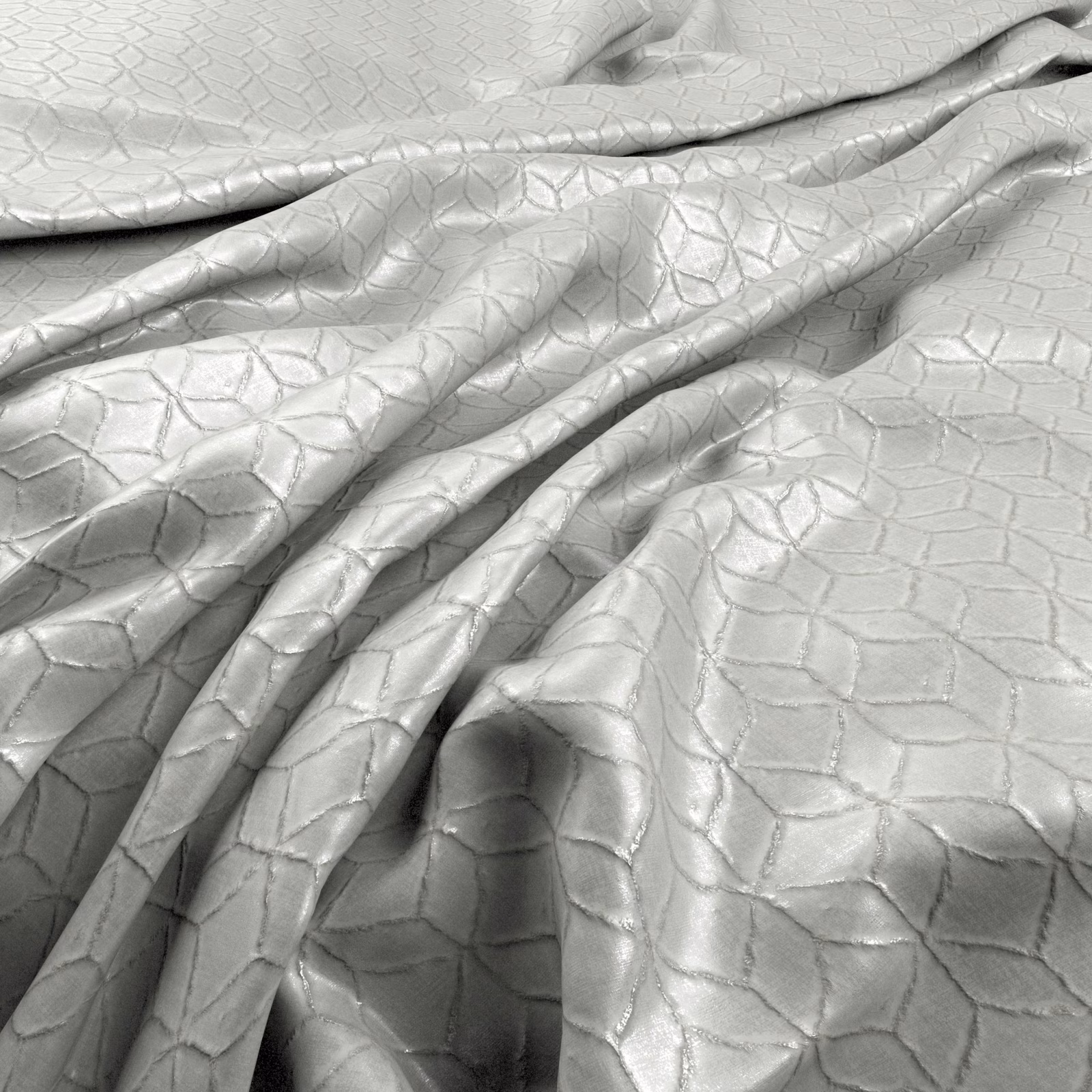 Pale silver-grey fabric with raised irregular geometric cells and gentle sheen