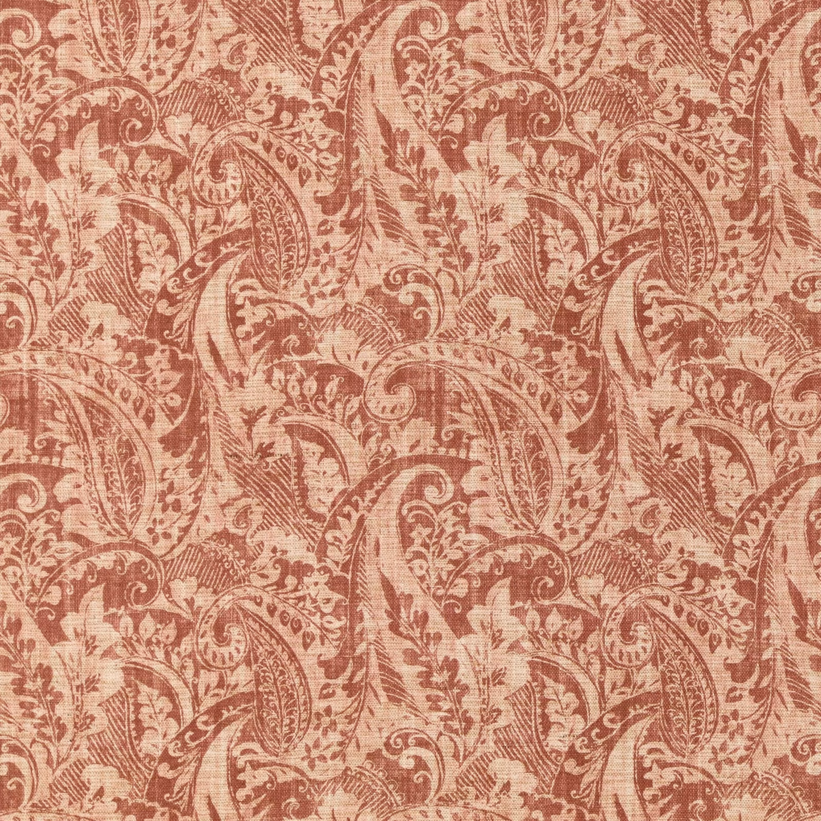 Muted brick-red paisley and leafy scroll fabric on a chalky pale textured ground