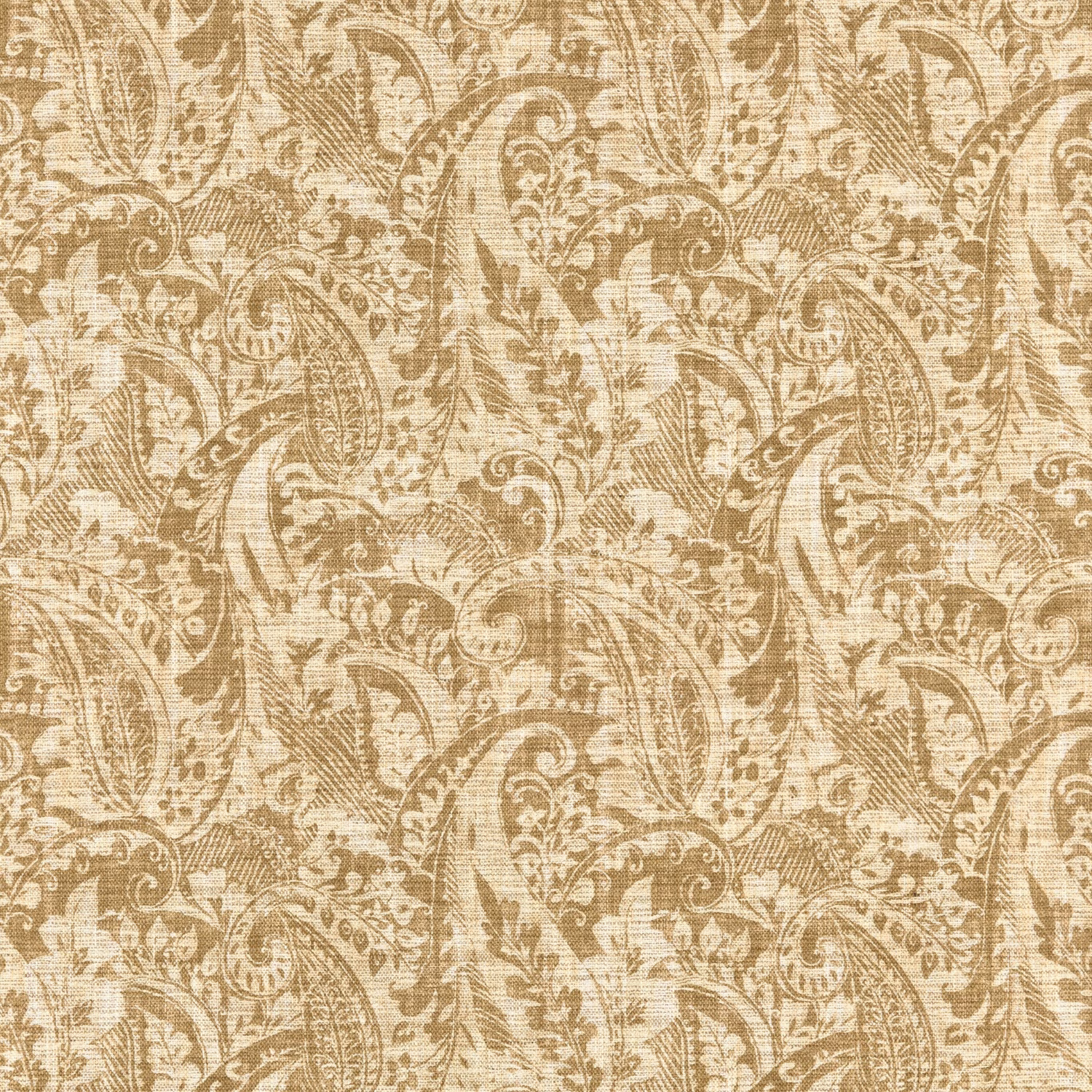 Muted lichen taupe woven fabric with cream paisley and scrolling foliage