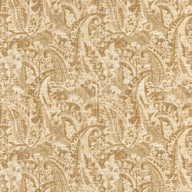 Muted lichen taupe woven fabric with cream paisley and scrolling foliage
